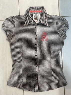 Guess Black & White Gingham Button-Up Top with Pink Embroidered Crest